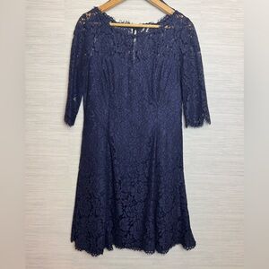 Eliza J, Navy Blue Lace Sheath Dress with Bell Sleeves and wide neck. Size 10